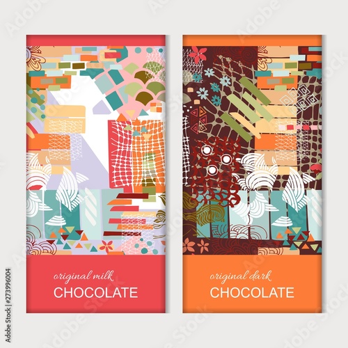 Chocolate bar packaging. Bright template with colorful abstract patterns. Vector design.