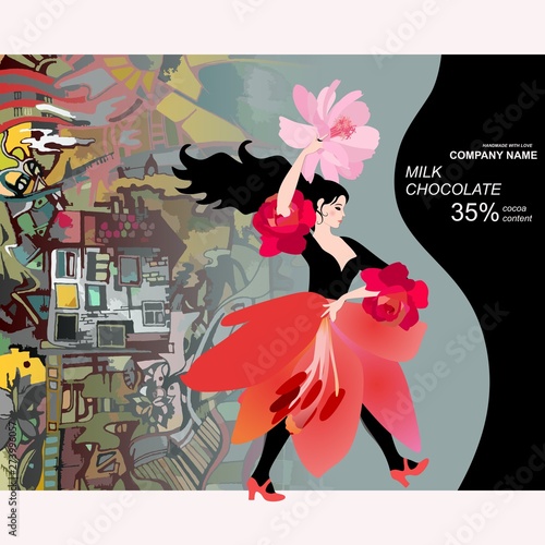 Chocolate bar package design with yong flamenco dancer in skirt in shape of lily flower against green town and guitar silhouette.