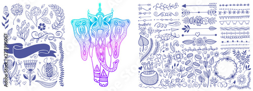hand drawing floral design elements set and indian elephant sketch