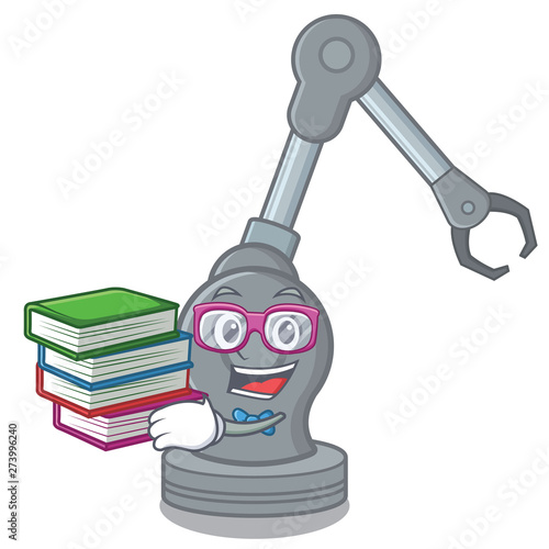 Student with book robotic arm machine above cartoon chair