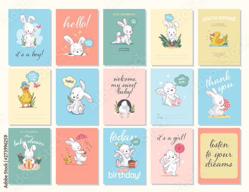 Vector baby shower design template collection. Cute hand drawn little bunny character. Flat lay. Pastel colors. For happy birthday and anniversary party invitations, greeting cards, tags etc.