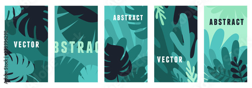 Vector set of abstract backgrounds with copy space for text, leaves and plants - bright vibrant banners in green colors, posters, packaging cover design templates