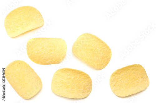 Group of potato chips isolated on white background. top view