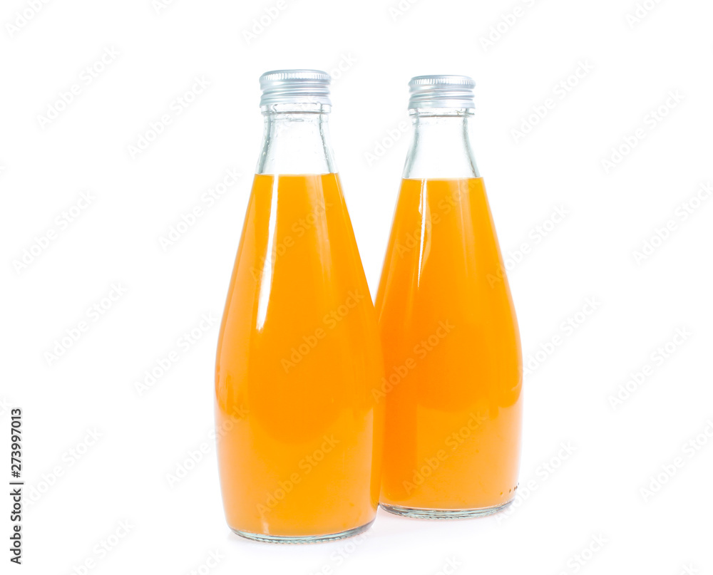 Orange juice in glass bottle isolated on white background Orange juice in glass bottle isolated on white background