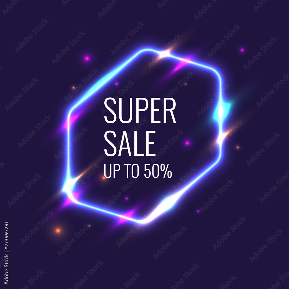 Super sale banner. Original poster for discount. Neon glow against a dark background.