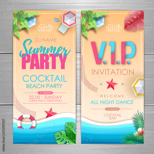 Summer party poster design. Disco party invitation design. Top view of tropic summer beach with ocean background.