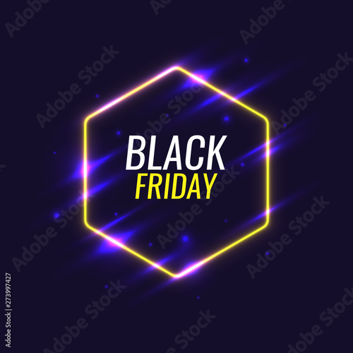 Black Friday banner. Original poster for discount. Neon glow against a dark background.
