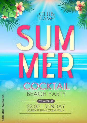 Summer disco cocktail beach party poster. Lettering summer poster.
