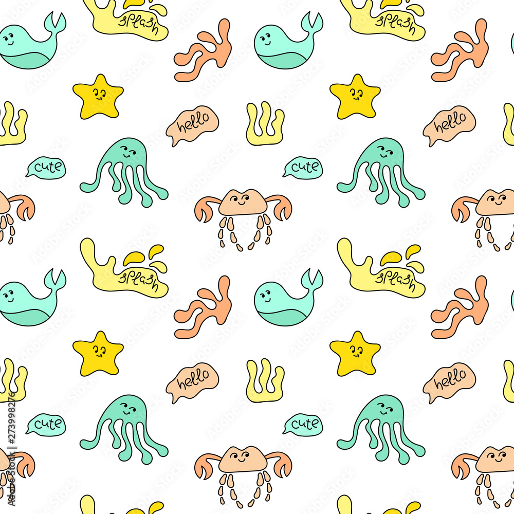 Obraz premium Cute sea animals, underwater plants, wildlife, ocean, underwater world. Doodle seamless pattern. Flat drawing style, hand drawn.