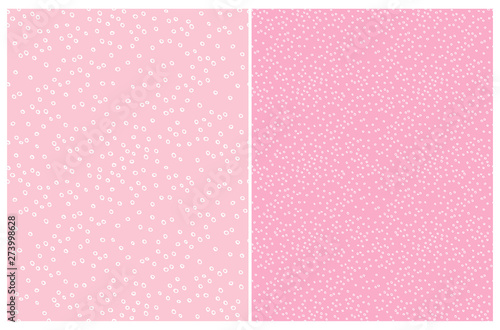 Fototapeta Naklejka Na Ścianę i Meble -  2 Simple Abstract Polka Dots Vector Patterns. White Irregular Brush Dots on a Light Pink Background. Funny Hand Drawn Geometric Repeatable Design. Irregular Infantile Style Cirles.