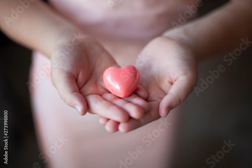 child hands holding heart  health insurance  charity concert donations. Health care  love and family concept  world heart day