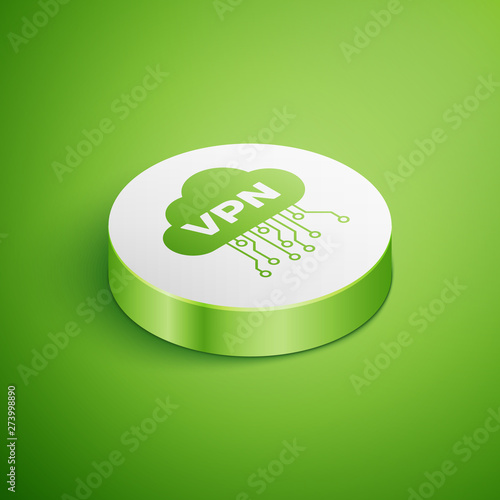 Isometric Cloud VPN interface icon isolated on green background. Software integration. White circle button. Vector Illustration