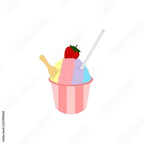 Shaved ice with strawberry logo.
