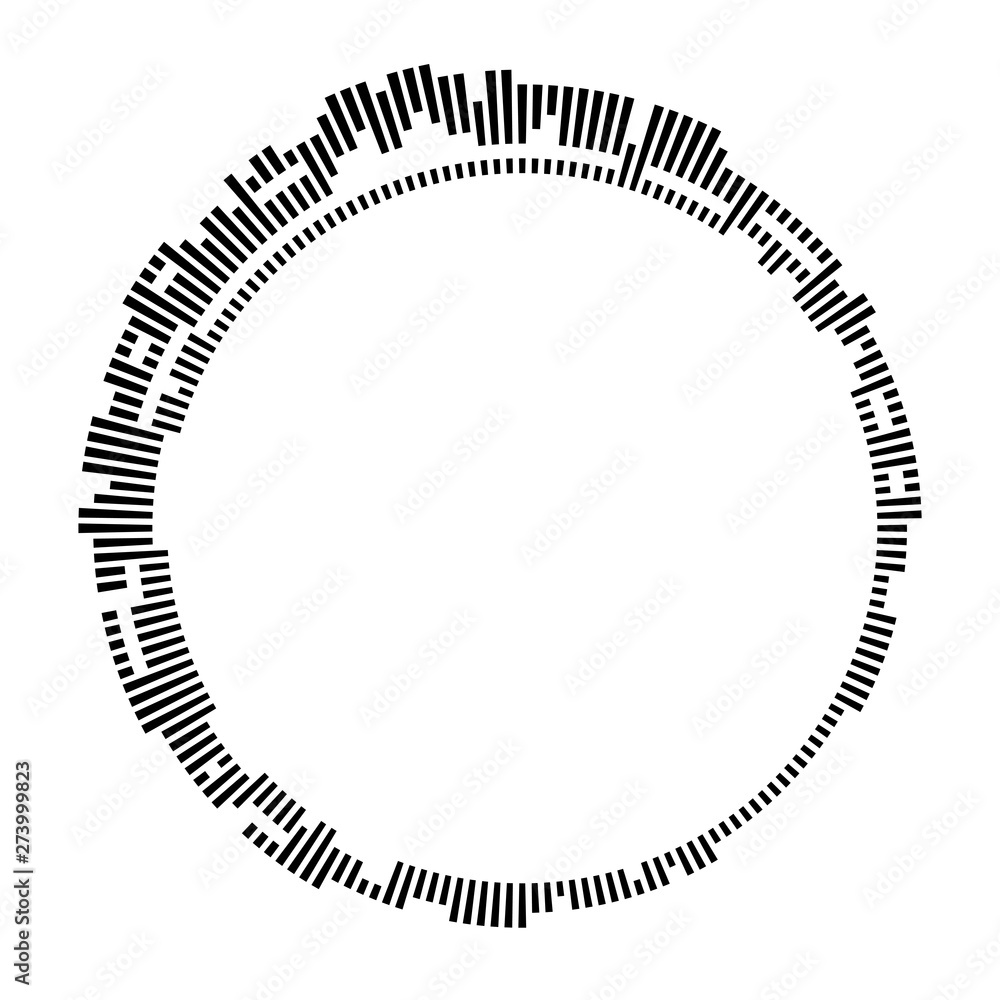 Black circular frame on white background. Round shape. Radial black concentric particles. Black circular frame on white background. Round shape. Radial black concentric particles.