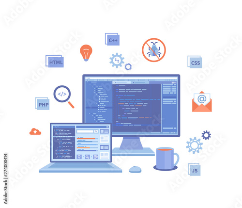Software Development and Programming. Statistics, app development, data analysis. Program code on laptop and monitor screen. Technology concept banner. Vector illustration on white background