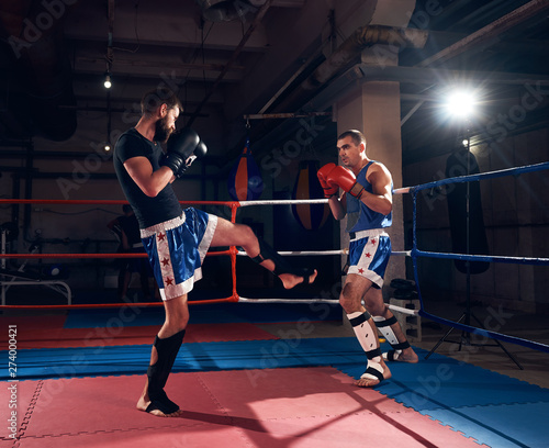 Two male adult kickboxers training kickboxing in the ring at the health club