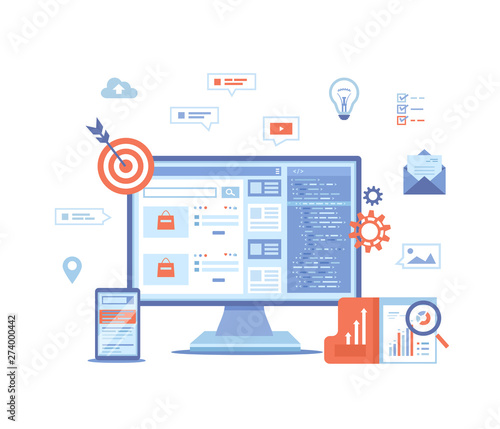 Search engine optimization, SEO, analytics, analysis, targeting, data monitoring, digital marketing. Monitor and phone with search results website on the screen Vector illustration on white background © vectorhot