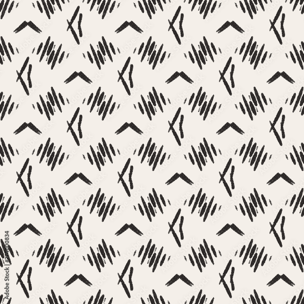 Abstract beige black home decor pattern with simple geometric print. Pastel bed linen tile.  Simple tribal desing for bed linen, surface decor, distress dynamic shape.  Seamless Vector