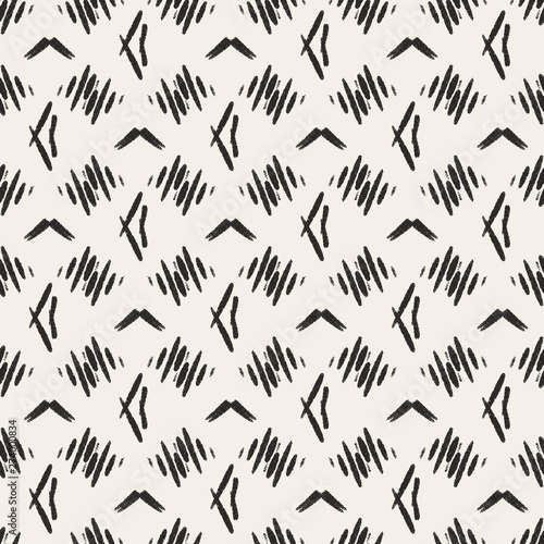 Abstract beige black home decor pattern with simple geometric print. Pastel bed linen tile. Simple tribal desing for bed linen, surface decor, distress dynamic shape. Seamless Vector
