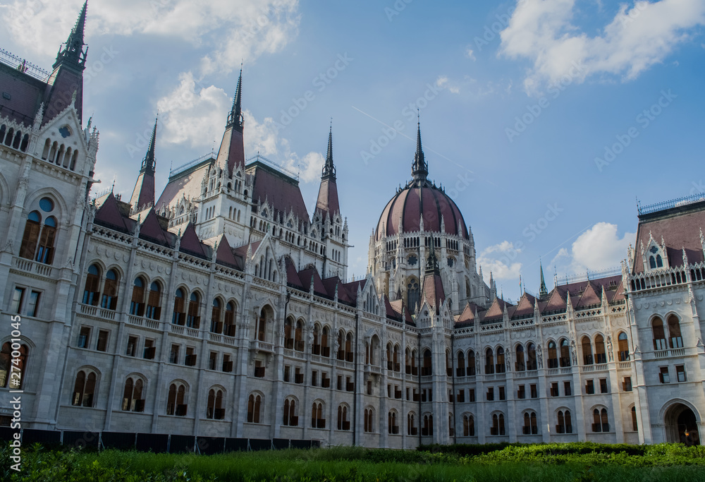 10.06.2019. Hungary, Budapest. Beautiful view of the main attraction of the city Parliament. Architecture. Castle