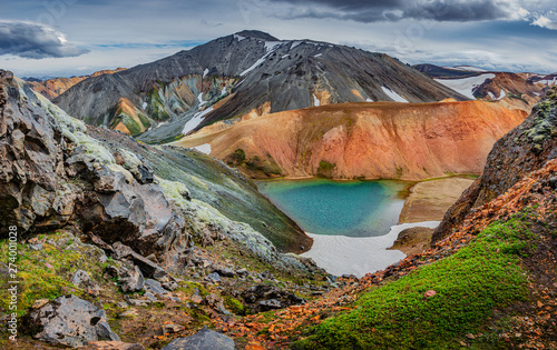Panoramic view of colorful rhyolite volcanic mountains Landmannalaugar as pure wilderness in Iceland and a hidden highland lake, Iceland