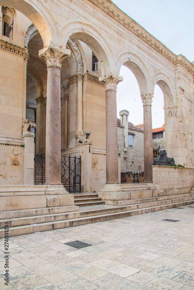 Columns in front of cathedral in Diocletian Palace in town of Split, Croatia, UNESCO site