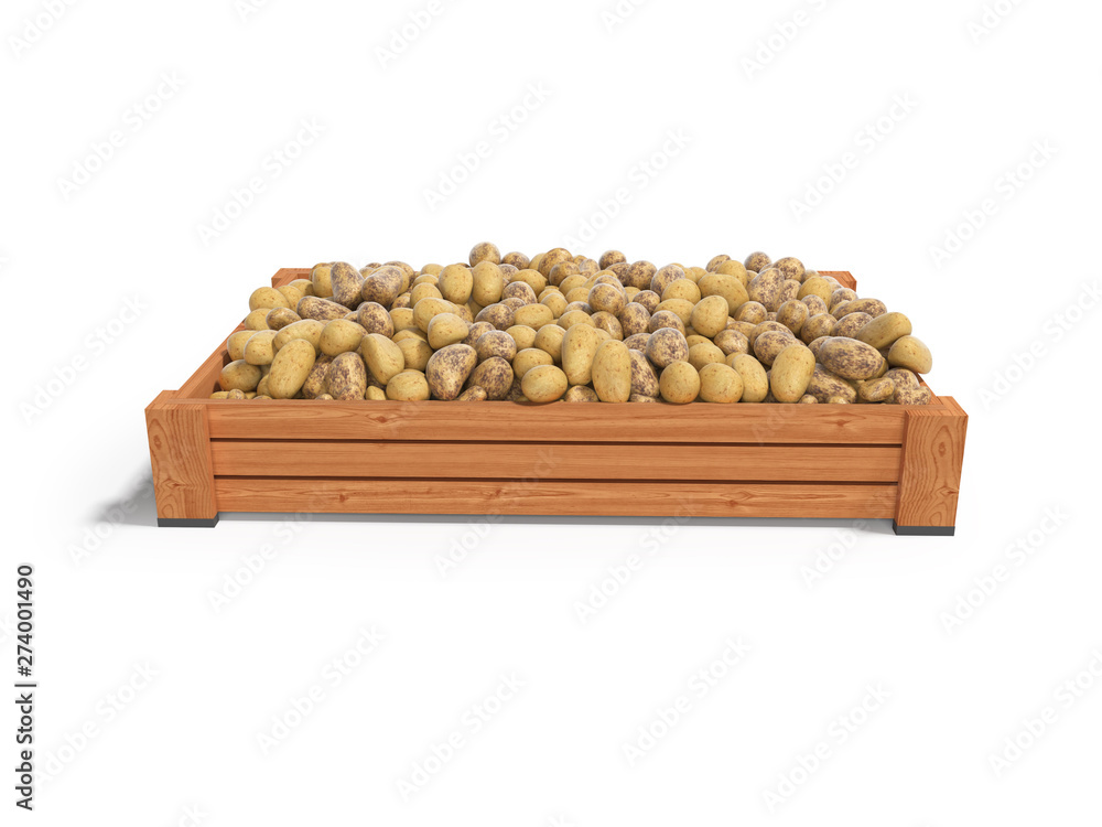 Fresh potatoes on wooden pallet 3d render on white background with shadow Fresh potatoes on wooden pallet 3d render on white background with shadow