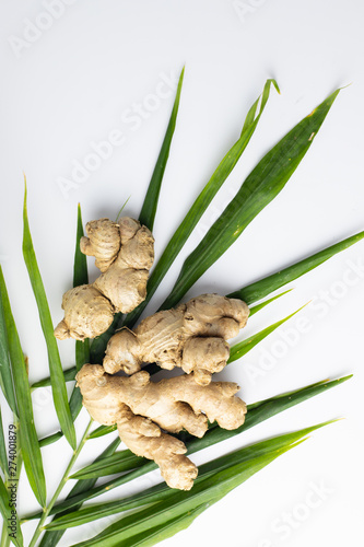 Fresh ginger and leaf on white background