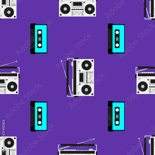 Print with old tape recorders and cassettes. Musical seamless pattern. Vector illustration.