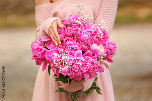 Wallpaper Mural Woman with bouquet of beautiful peony flowers outdoors Torontodigital.ca