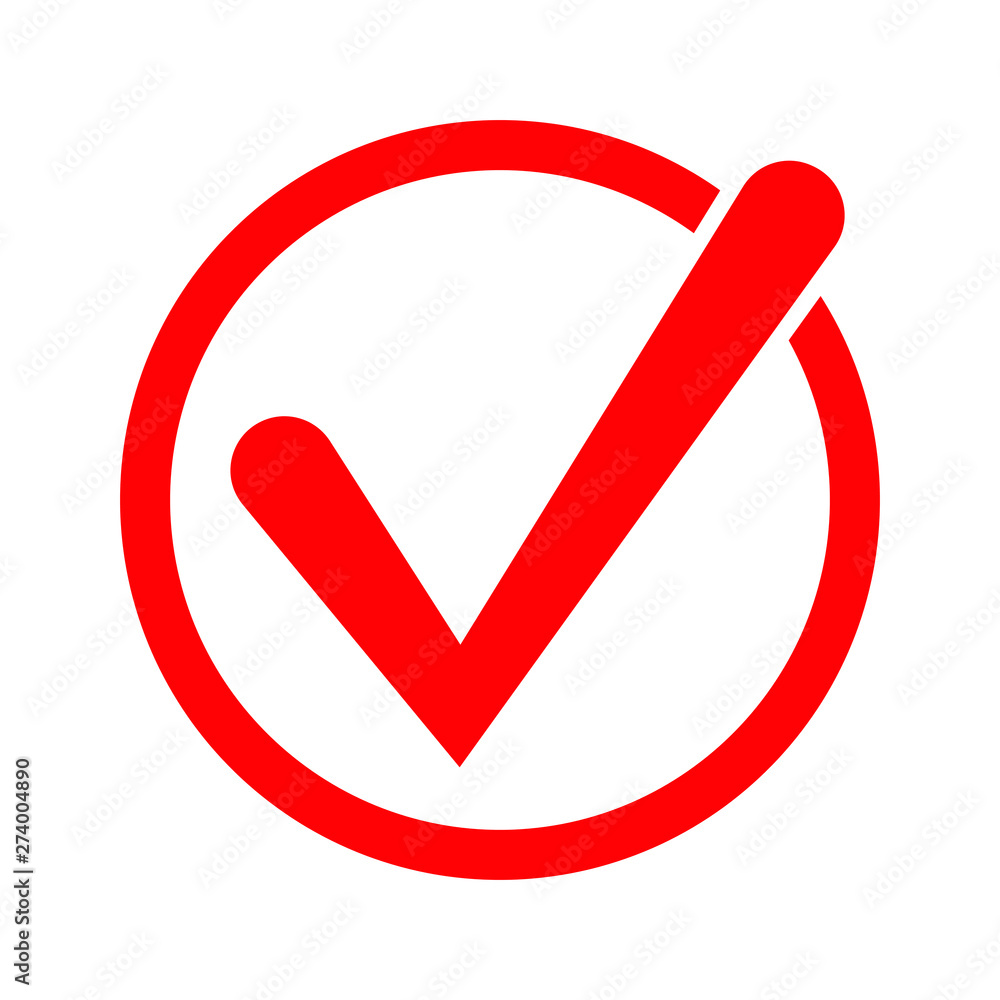 Red check icon. Checkmark vector. Approved symbol. Ok icon. Check button sign. Tick icon. Checkpoint. Best modern flat pictogram illustration sign for web and mobile apps design Red check icon. Checkmark vector. Approved symbol. Ok icon. Check button sign. Tick icon. Checkpoint. Best modern flat pictogram illustration sign for web and mobile apps design
