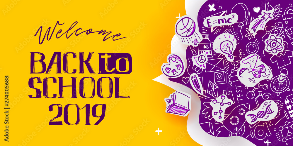 Naklejka Back to School banner with line art icons of education, science objects on paper art cut out icons. Vector hand drawn doodle style illustration. hand lettering symbol of education