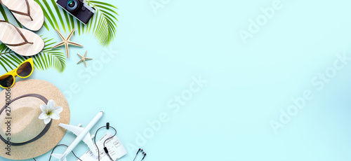 Travel accessories on light blue background, getting ready for summer vacation 3D Rendering	 photo