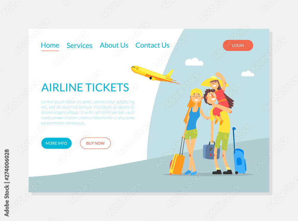 Airline Tickets Service, Flight Tickets Booking Banner, Landing Page Template Vector Illustration