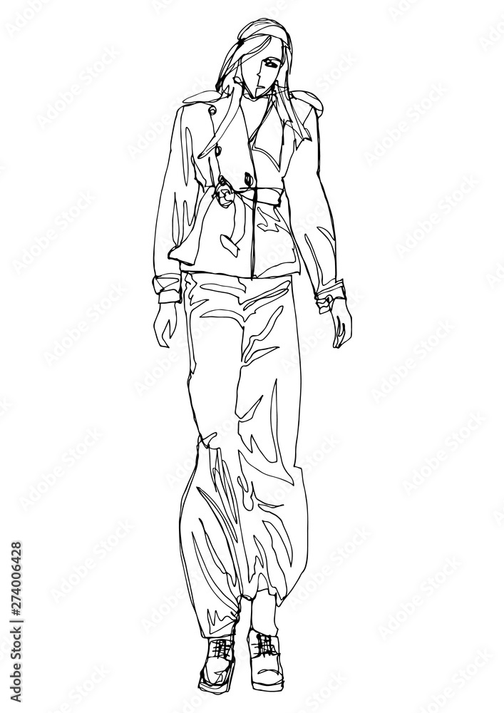 Fashion hand drawn model sketch posing. Woman in fashion clothes line sketch isolated figure. Fashion illustration runway model art black white minimalism art. Silhouette isolated for magazine 