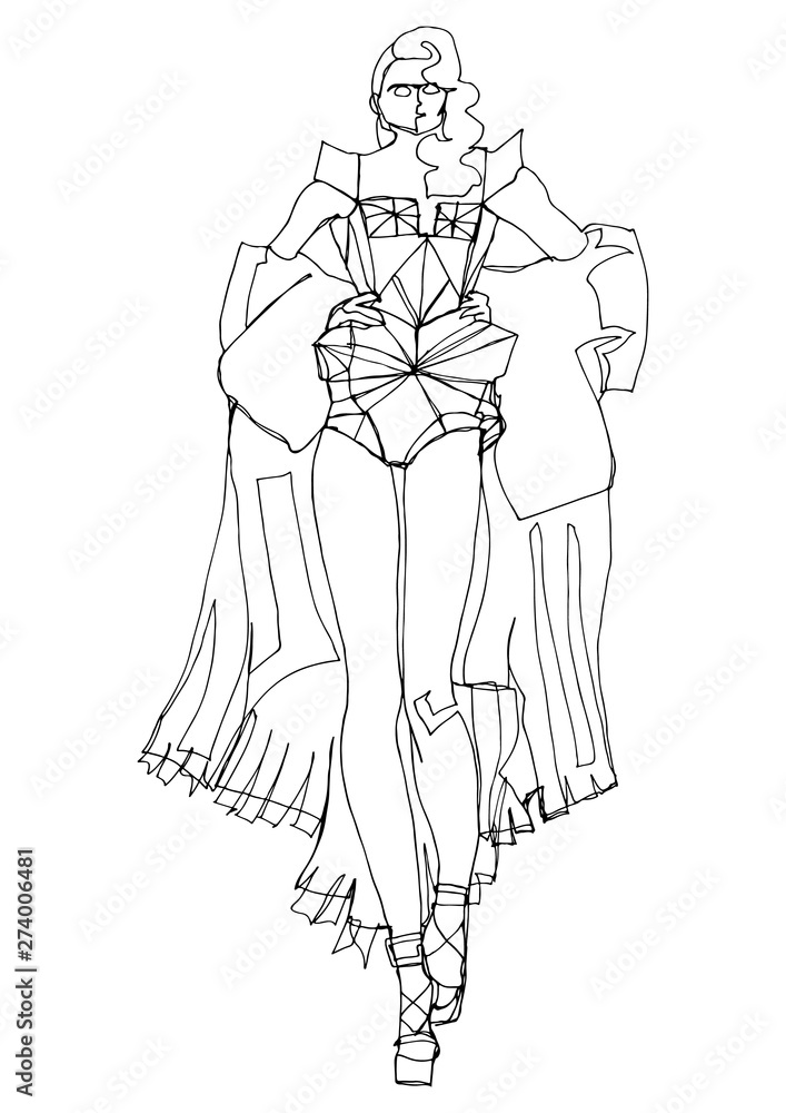 Glamour silhouette hand drawn model sketch. Woman in dress drawing line sketch isolated figure. Fashion illustration runway model art black white minimalist art. Single line sketch fashion pose 