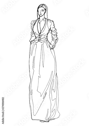 Glamour silhouette hand drawn model sketch. Woman in dress drawing line sketch isolated figure. Fashion illustration runway model art black white minimalist art. Single line sketch fashion pose 