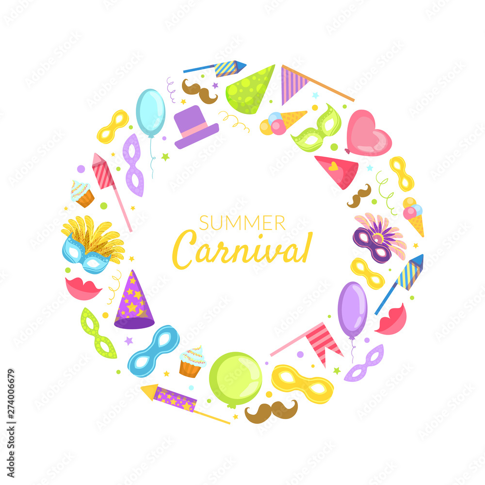 Summer Carnival Frame wih Place for Text, Celebration Party Objects in Circular Shape, Masquerade Symbols Vector Illustration