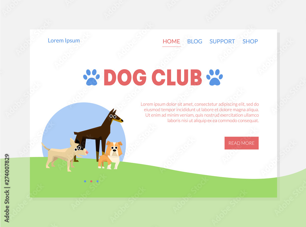 Dog Club Banner, Landing Page Template with Place for Text, Dog Training, Walking and Grooming Vector Illustration Dog Club Banner, Landing Page Template with Place for Text, Dog Training, Walking and Grooming Vector Illustration