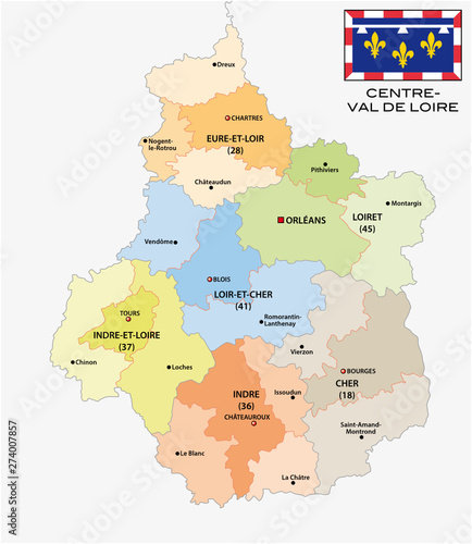 administrative and political map of the region Centre Val de Loire with flag, france