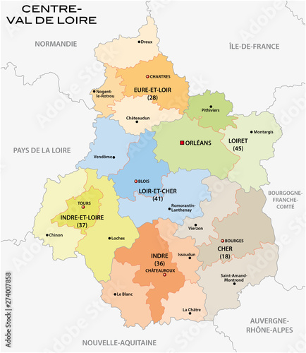 administrative and political map of the region Centre Val de Loire, france