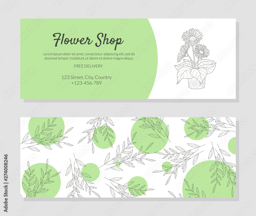 Elegant Flower Shop Business Card Templates with Place for Text, Two Sides Vector Illustration