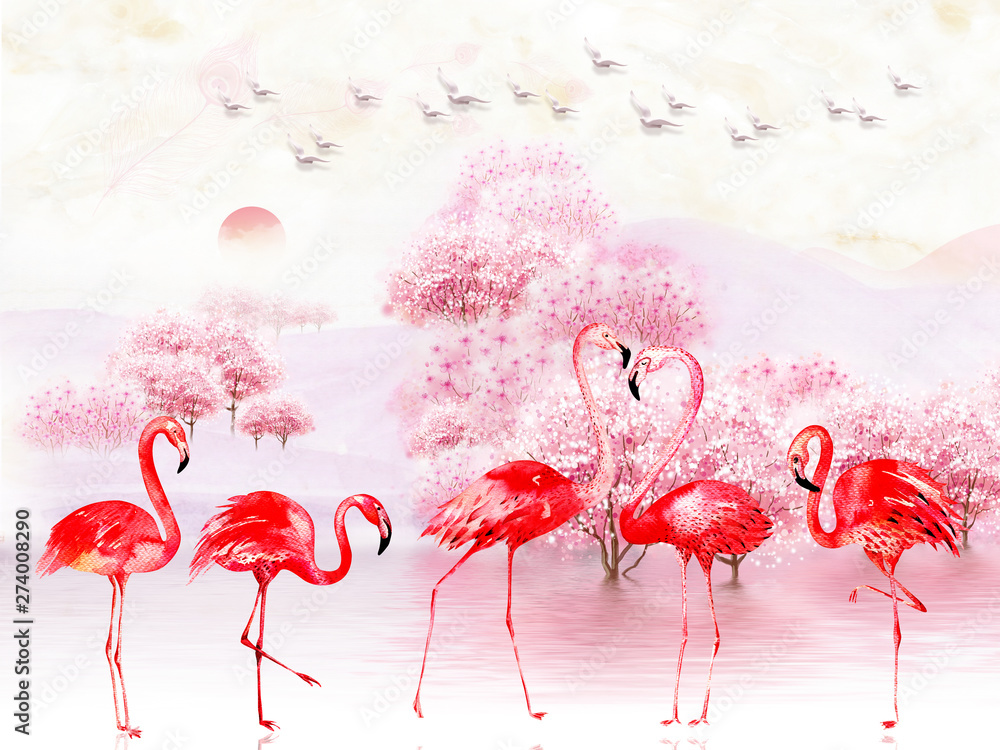 Pink landscape illustration, lake, trees, fog, sunrise, flock of birds in the sky, five bright flamingos in the foreground