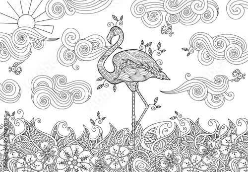Coloring page with doodle style flamingo in the river.