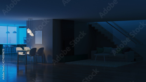 Modern house interior. Night. Evening lighting. 3D rendering.