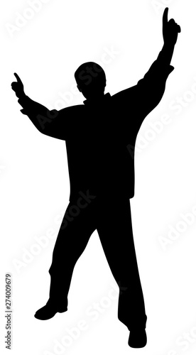 Happy man celebrating success victory or cheering with raised hands pointing index fingers up