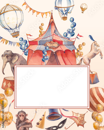 Watercolor vintage circus cover design. Hand drawn retro card with tent, hot air balloons, trained animals and bunting flags.