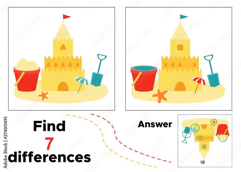 Educational game for kids. Find seven differences. Cute cartoon sand castle, bucket, shovel, starfish and sun umbrella. Summer vacation.