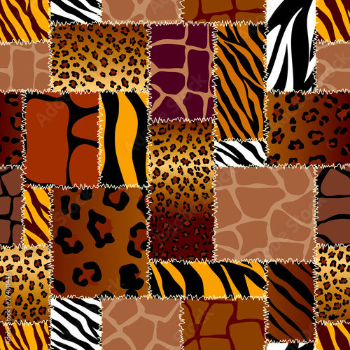 Seamless background pattern. Patchwork pattern of animal textures patches. Vector image