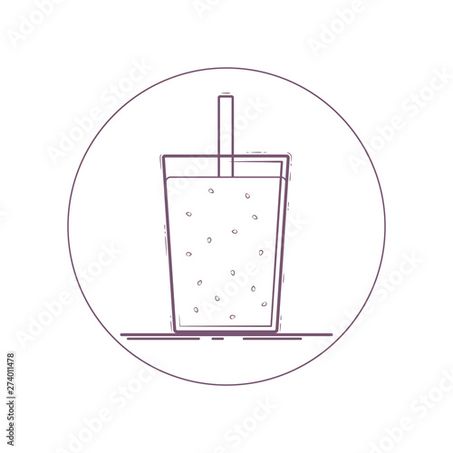 Vector icon of smoothie, milk shake, fresh in a glass with straw. Line icon in circle. Isolated on white background.